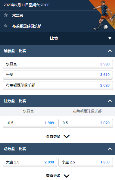英超第23轮，水晶宫 对阵 布莱顿，平博的赔率和盘口