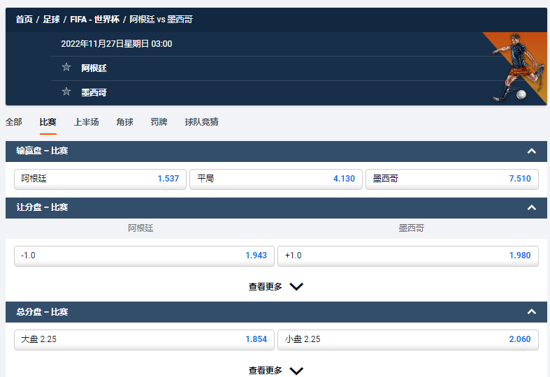 阿根廷 vs 墨西哥，平博数据和赔率盘口
