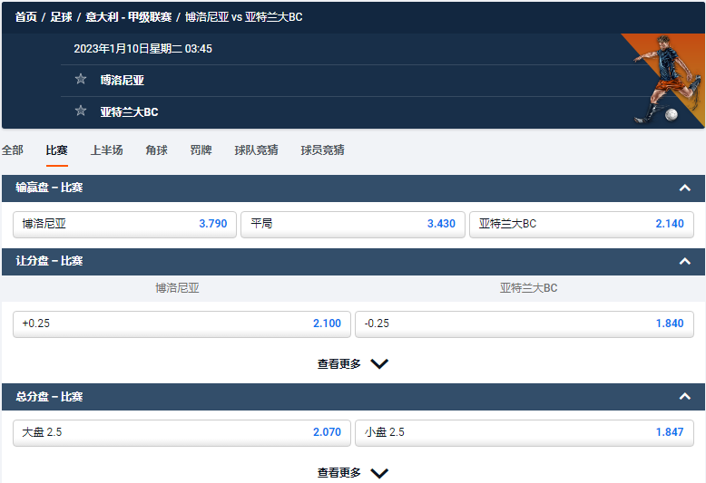 博洛尼亚 vs 亚特兰大BC，这是平博的意甲盘口和赔率