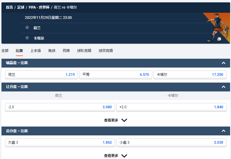 荷兰 vs 卡塔尔，来自平博的赔率和盘口数据