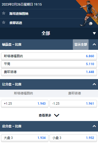 斯塔德福图纳 - 费耶诺德,平博的荷兰甲盘口和赔率