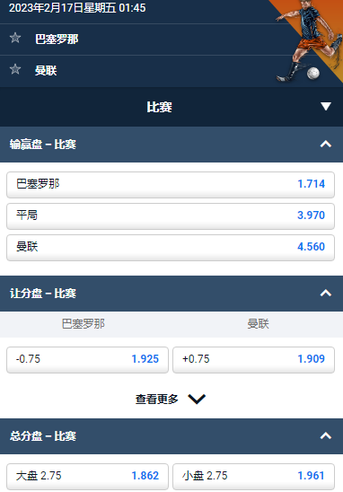 欧洲联赛,巴塞罗那 vs 曼联,平博的赔率和盘口