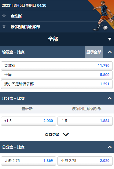 平博，葡萄牙超，查维斯 - 波尔图，赔率和盘口