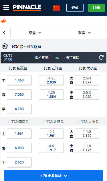 欧冠,那不勒斯-法兰克福,平博赔率和盘口