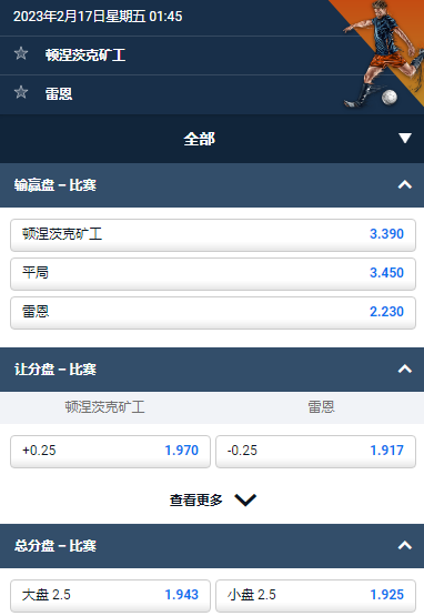 欧洲联赛，顿涅茨克矿工 v 雷恩，平博的赔率和盘口
