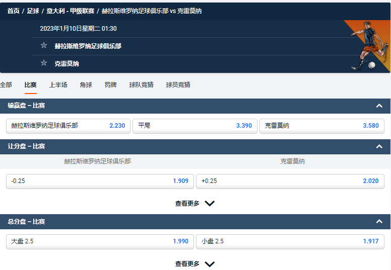 赫拉斯维罗纳足球俱乐部 vs 克雷莫纳，平博的意甲盘口和赔率