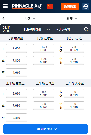 英超，热刺 - 诺丁汉森林，平博赔率和盘口