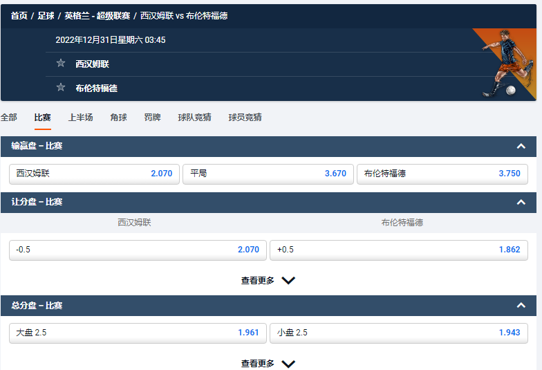 西汉姆联 vs 布伦特福德,平博给出的赔率和盘口数据