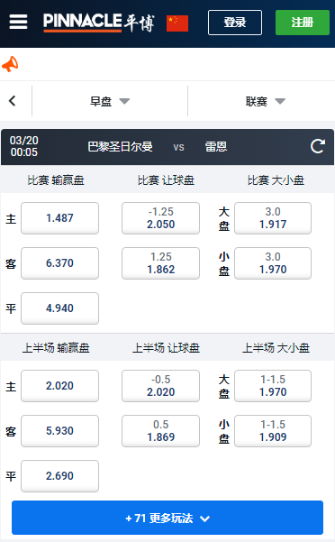 法甲，PSG-雷恩，平博赔率和盘口