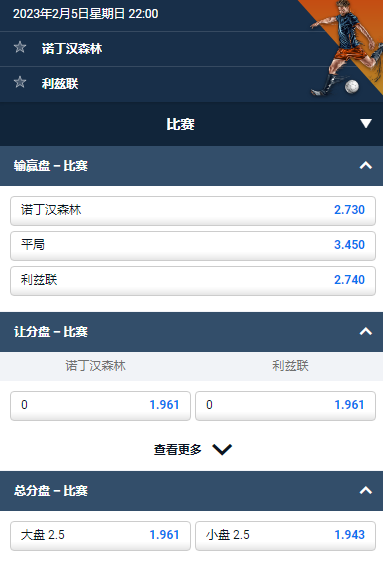 英超，诺丁汉森林 对阵 利兹联，平博的赔率和盘口