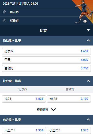 英超,切尔西 vs 富勒姆,平博的赔率和盘口
