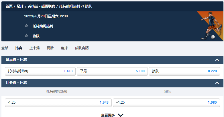来自平博体育pinnacle的盘口，热刺VS狼队赔率