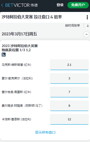 F1沙特阿拉伯大奖赛,伟德的赔率和盘口