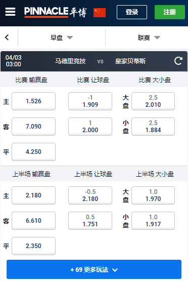 马德里竞技-皇家贝蒂斯，平博的西甲赔率盘口