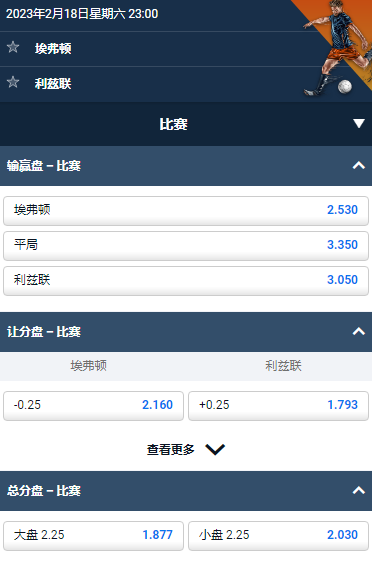 英超，埃弗顿 VS 利兹联，平博的赔率和盘口