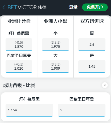 欧冠,拜仁慕尼黑 - PSG,赔率和盘口