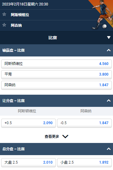 英超，阿斯顿维拉 vs 阿森纳，赔率和盘口数据来自于平博