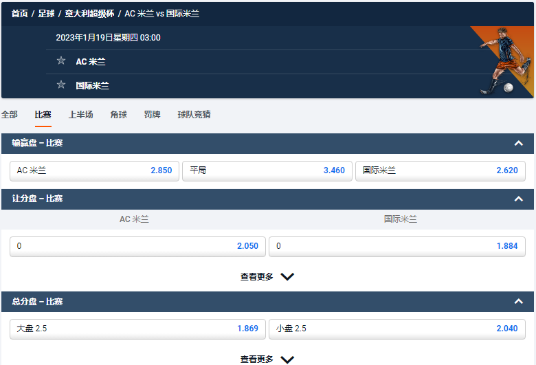意大利超级杯,AC 米兰 vs 国际米兰,平博的赔率和盘口数据