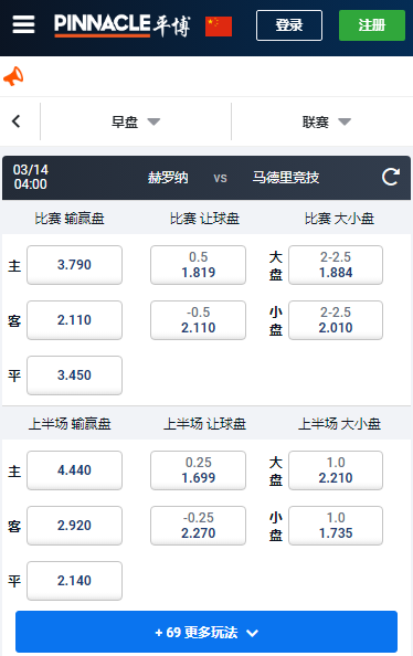 西甲，赫罗纳-马德里竞技，平博赔率和盘口