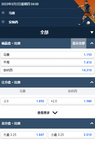 法国杯,马赛 - 安纳西,平博的赔率和盘口