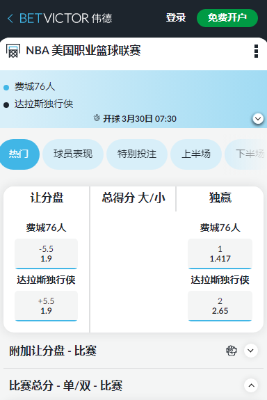 费城76人 对 达拉斯小牛,伟德赔率和盘口