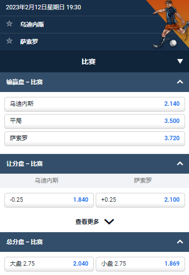 意甲,乌迪内斯-萨索洛,平博给出的赔率和盘口