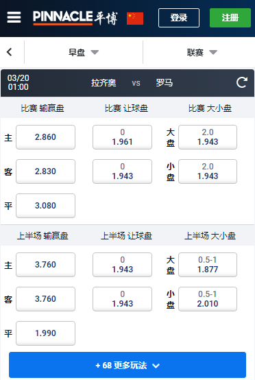 意甲,拉齐奥-罗马,平博赔率和盘口