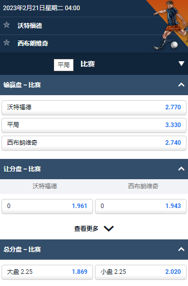 英冠，沃特福德 vs 西布朗维奇，平博的赔率和盘口