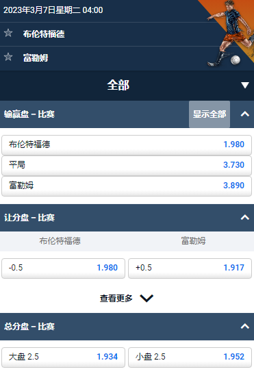 英超，布伦特福德 - 富勒姆，平博赔率和盘口