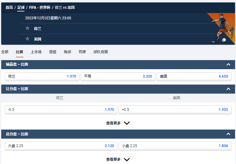 荷兰 vs 美国，赔率盘口数据来自于平博