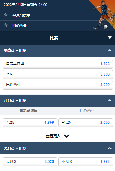 西甲的赔率和盘口,皇家马德里 对 瓦伦西亚,数据来自于平博