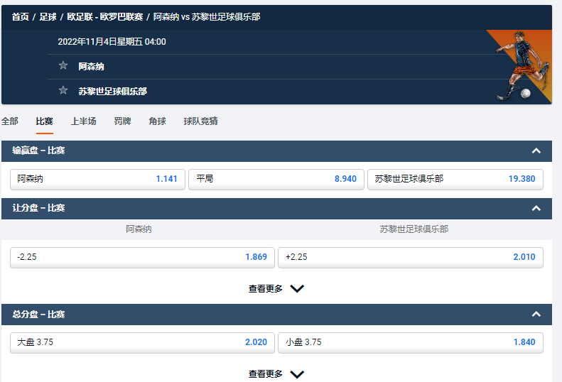 阿森纳VS苏黎世的盘口和赔率