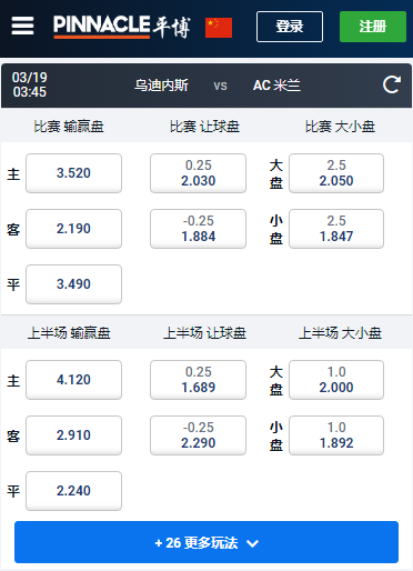 意甲，乌迪内斯-AC米兰，平博赔率和盘口