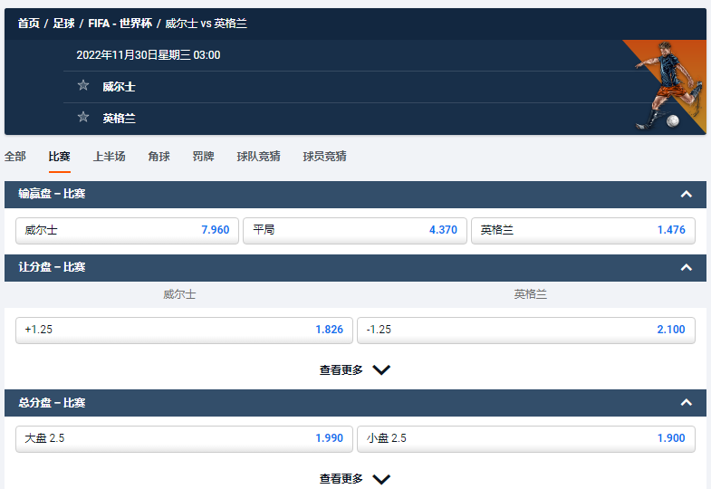 威尔士 vs 英格兰，来自欧洲博彩公司平博pinnacle的赔率和盘口
