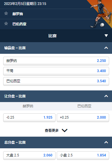 西甲,赫罗纳 VS 瓦伦西亚,平博的赔率和盘口