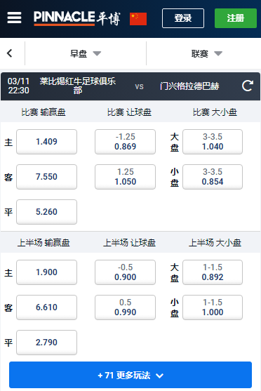平博，莱比锡-门兴格拉德巴赫，赔率和盘口