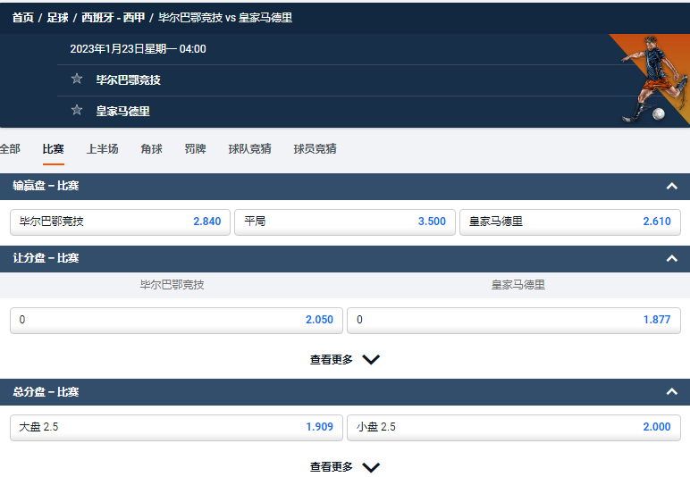 毕尔巴鄂竞技 vs 皇家马德里,平博的西甲赔率和盘口