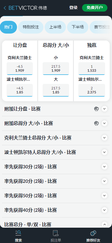 NBA,克利夫兰骑士 - 波士顿凯尔特人,伟德的赔率和盘口