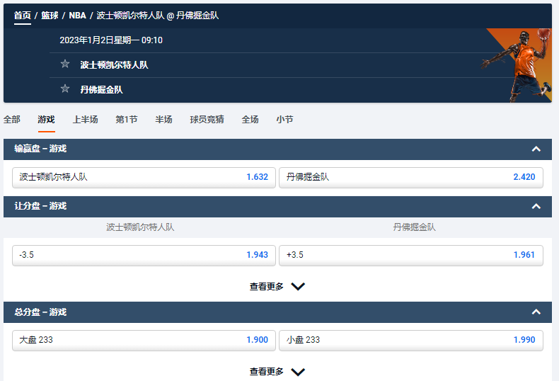 波士顿凯尔特人队 VS 丹佛掘金队,平博的NBA盘口和赔率