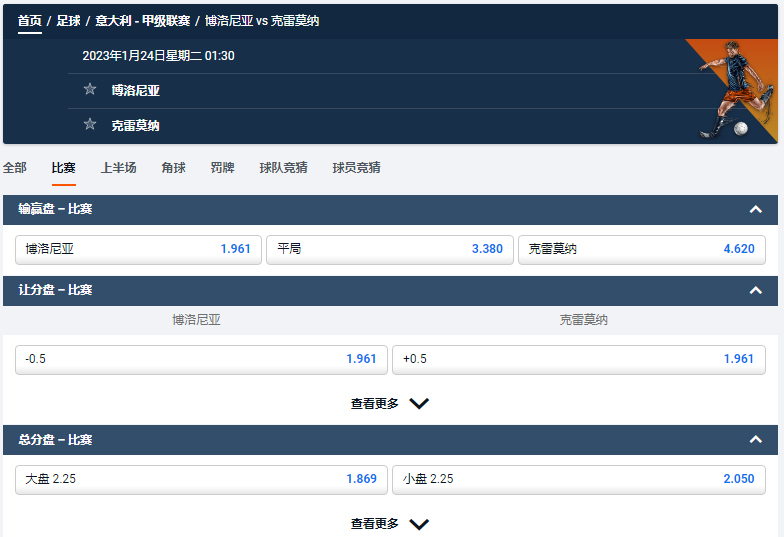 博洛尼亚 vs 克雷莫纳,平博的意甲赔率和盘口