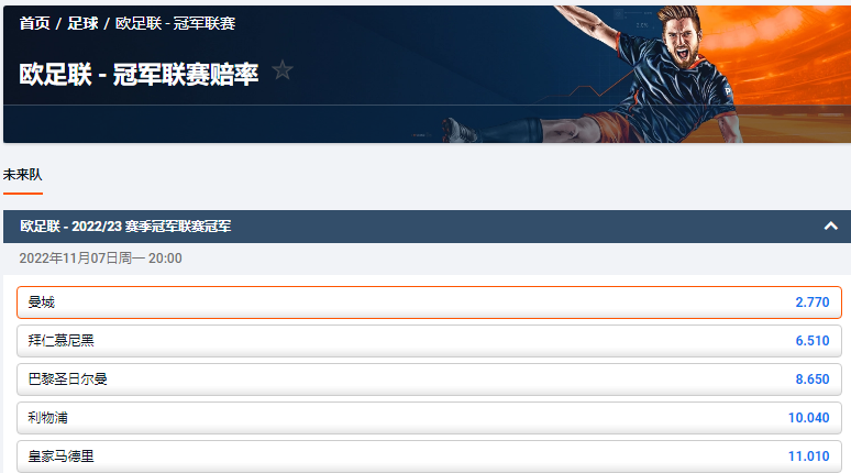 平博pinnacle的赔率显示，曼城是本届欧冠联赛夺冠的最大热门