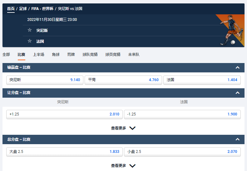 突尼斯 vs 法国，以上赔率盘口数据来自于平博