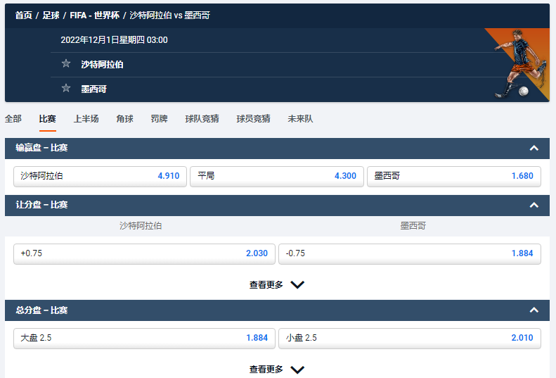 沙特阿拉伯 vs 墨西哥，平博的盘口和赔率数据