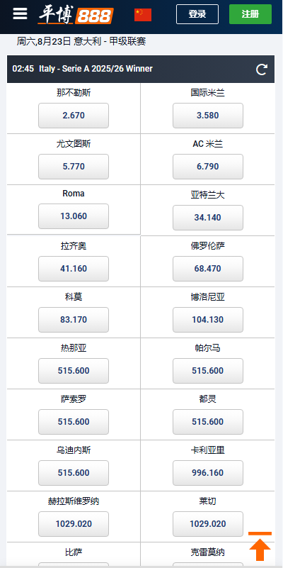 平博-意甲2025/26赛季夺冠赔率