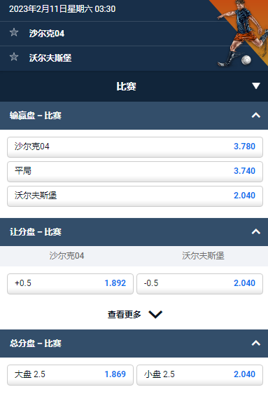 德甲联赛,沙尔克04 对阵 沃尔夫斯堡,平博的赔率和盘口