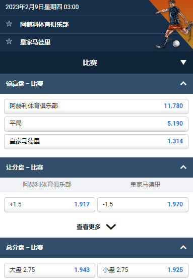 阿赫利 对 皇家马德里,世俱杯半决赛,平博的赔率和盘口