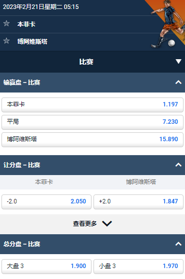 葡萄牙超，本菲卡 vs 博阿维斯塔，平博的赔率和盘口
