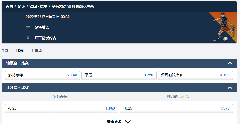 平博的盘口和赔率，德甲2022-23赛季，多特蒙德 vs 拜耳勒沃库森