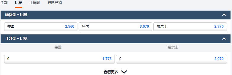 2022世界杯-平博体育(pinnacle)-美国VS威尔士-盘口和赔率