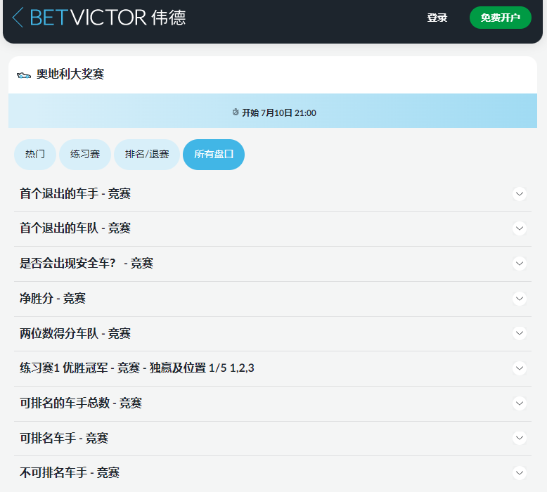 伟德betvictor的F1奥地利大奖赛盘口和赔率
